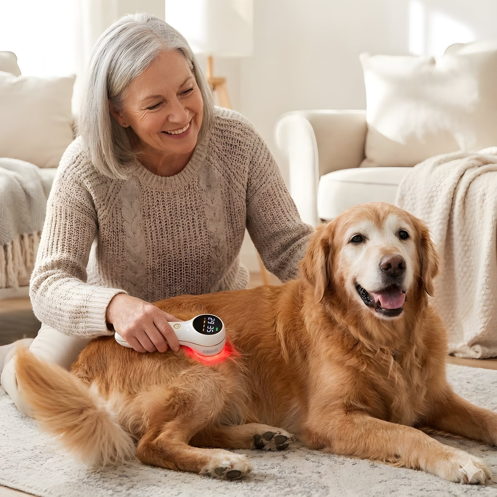 At-home Eixio cold laser care routine with a golden retriever